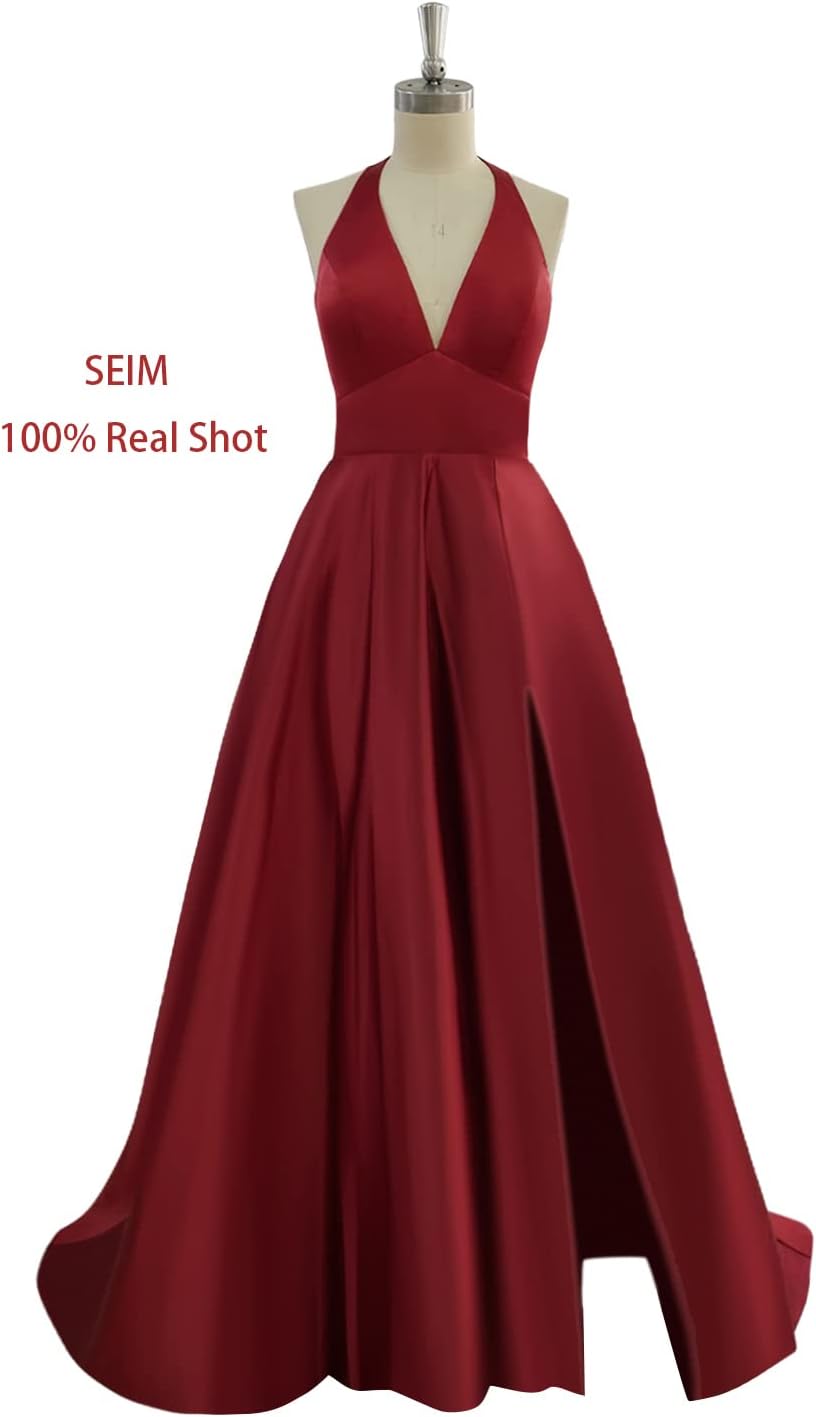 Womens Satin Prom Dresses Long with Slit Halter Evening Formal Gowns for Women with Pockets