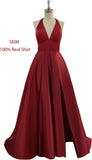 Womens Satin Prom Dresses Long with Slit Halter Evening Formal Gowns for Women with Pockets