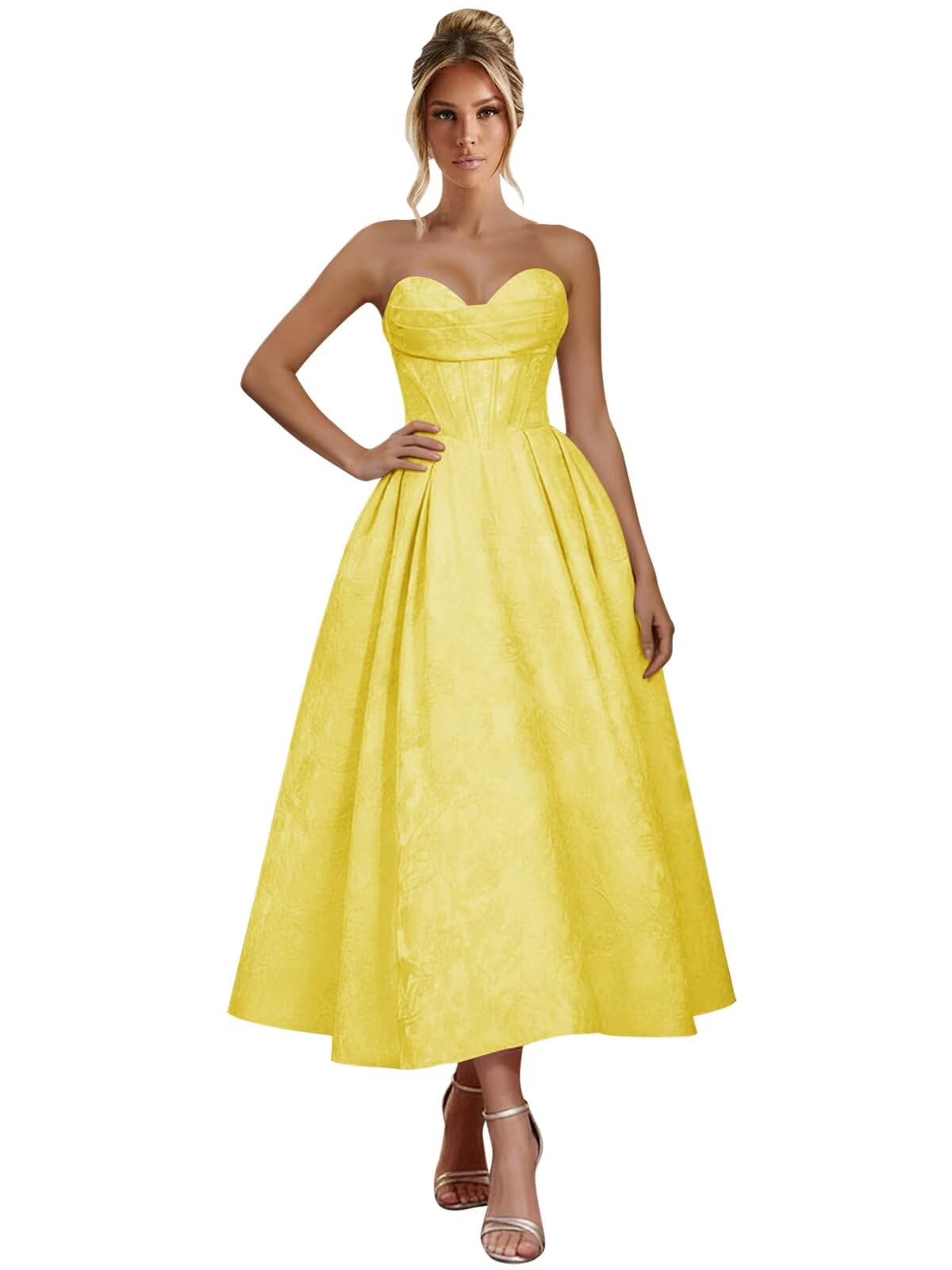 Jacquard Satin Prom Dresses for Women Strapless Tea Length Sweetheart Neck A-line Formal Party Dress with Pockets