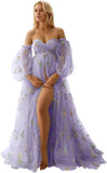 Flower Embroidery Tulle Maternity Dresses for Photoshoot Long Puffy Sleeve Off Shoulder Pregnancy Baby Shower Dress