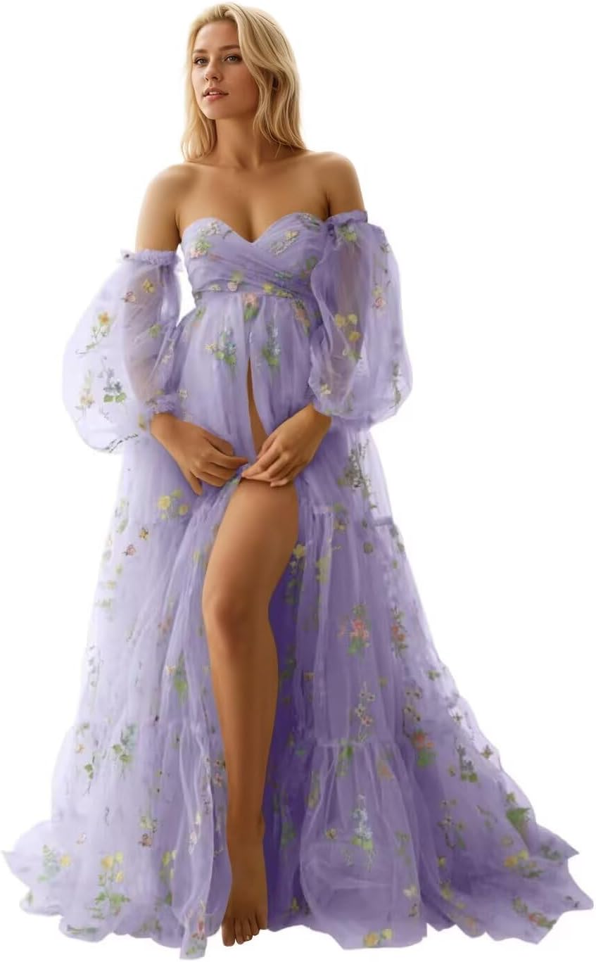 Kingbridal Gowns Flower Embroidery Tulle Maternity Dresses for Photoshoot Long Puffy Sleeve Off Shoulder Pregnancy Baby Shower Dress