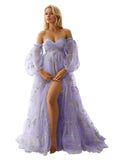 Kingbridal Gowns Flower Embroidery Tulle Maternity Dresses for Photoshoot Long Puffy Sleeve Off Shoulder Pregnancy Baby Shower Dress