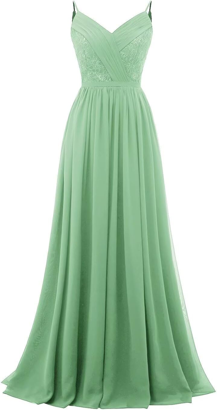 Women's Lace Chiffon Bridesmaid Dresses for Wedding Long Spaghetti Straps Bodice Formal Party Gown with Pockets