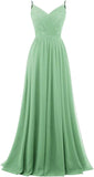 Women's Lace Chiffon Bridesmaid Dresses for Wedding Long Spaghetti Straps Bodice Formal Party Gown with Pockets