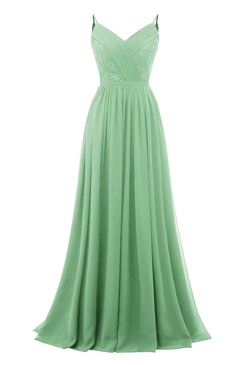Women's Lace Chiffon Bridesmaid Dresses for Wedding Long Spaghetti Straps Bodice Formal Party Gown with Pockets