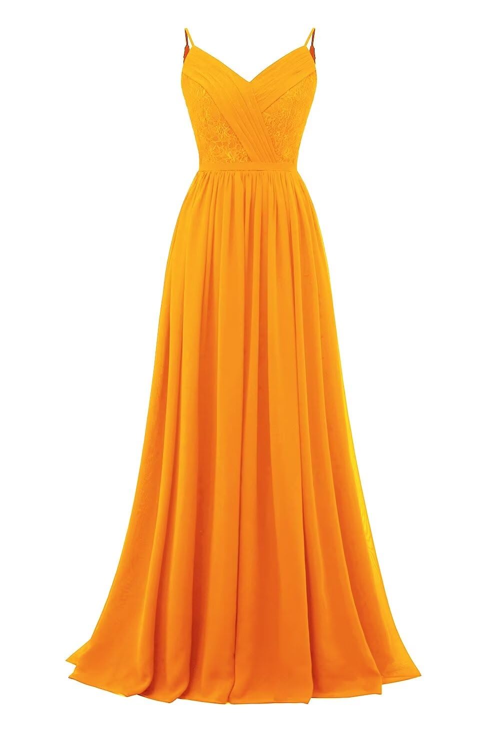 Women's Lace Chiffon Bridesmaid Dresses for Wedding Long Spaghetti Straps Bodice Formal Party Gown with Pockets
