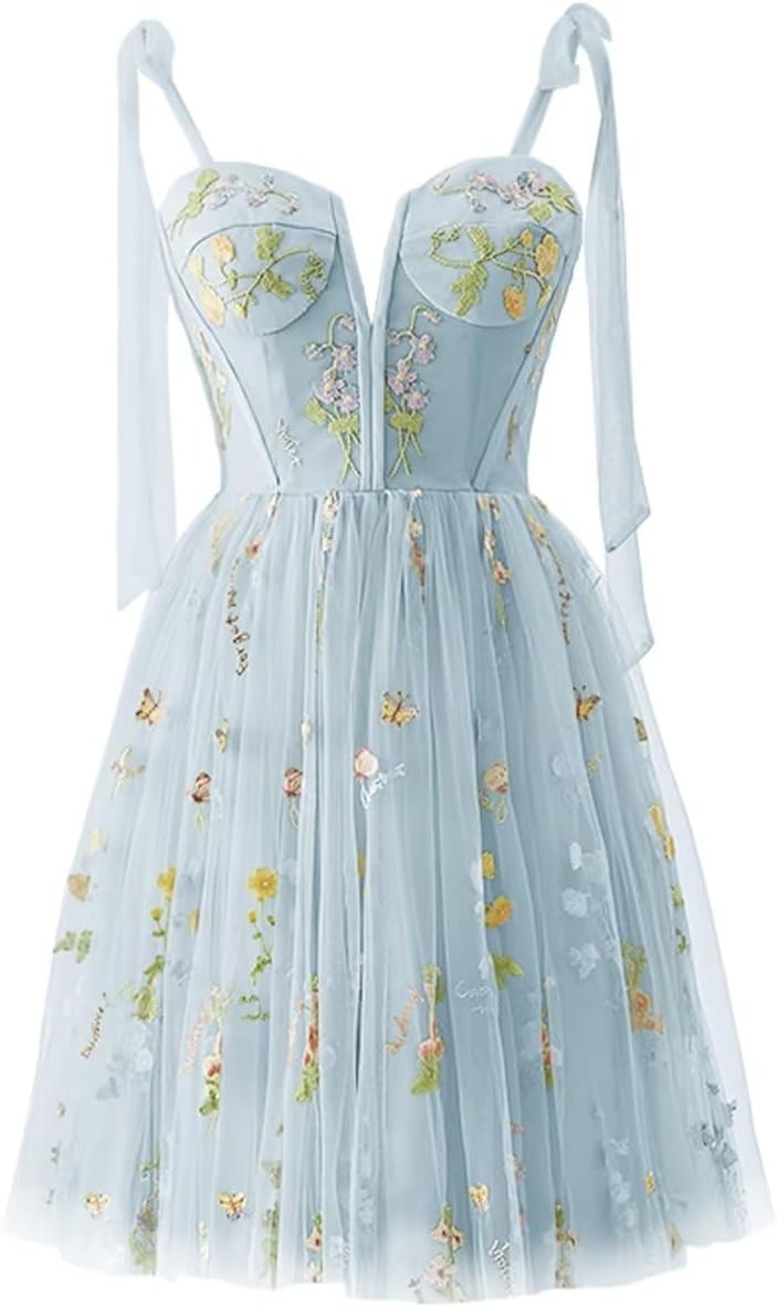 Vestidos de fiesta para mujer, con tirantes finos, cortos, bordados de flores, tul, vestidos formales 