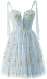 Vestidos de fiesta para mujer, con tirantes finos, cortos, bordados de flores, tul, vestidos formales 