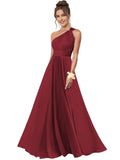 One Shoulder Bridesmaid Dresses for Women Chiffon A Line Pleated Long Formal Gowns with Pockets