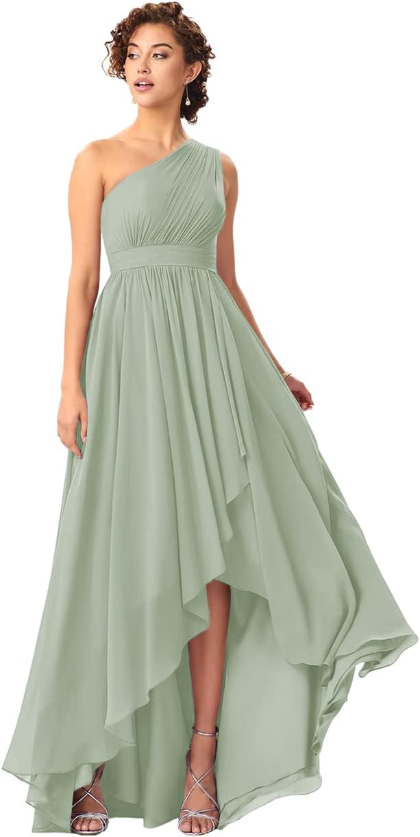 Women's One Shoulder Bridesmaid Dresses High Low Chiffon Formal Party Gowns with Pockets
