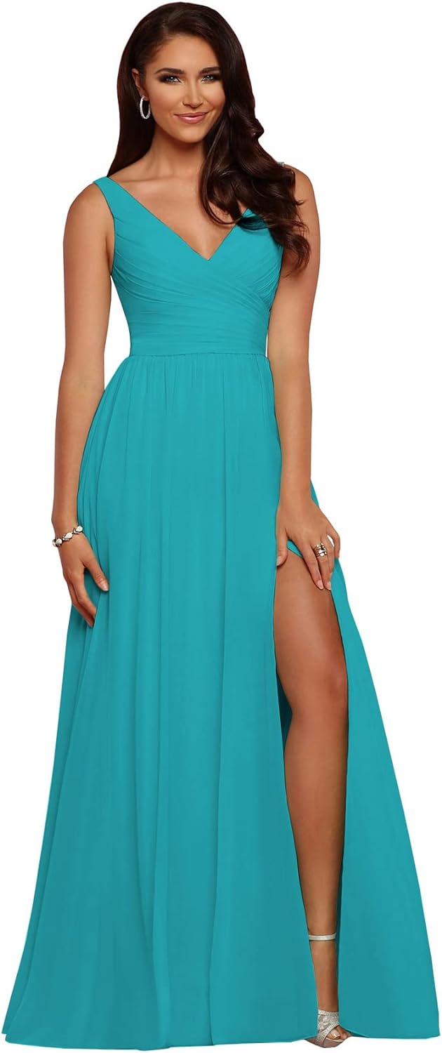 Vestidos de dama de honor largos con escote en V y abertura en gasa, corte A, plisados, para noche, fiesta formal