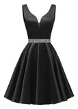 Satin Glitter Homecoming Dresses for Teens Short Prom Dress V-Neck Beaded Evening Formal Cocktail Party Gowns