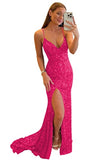 Women's Spaghetti Straps Sequin Prom Dresses Mermaid Sleeveless Double V-Neck Sparkle Evening Dress with Slit