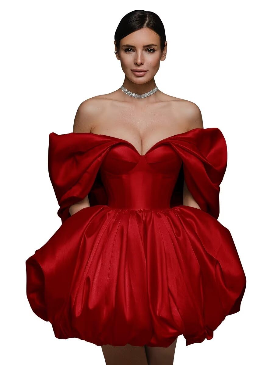 Off The Shoulder Short Wedding Dresses for Bride Puffy Satin Bridal Dresses w/Pockets Strapless Formal Ball Gowns
