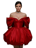Off The Shoulder Short Wedding Dresses for Bride Puffy Satin Bridal Dresses w/Pockets Strapless Formal Ball Gowns