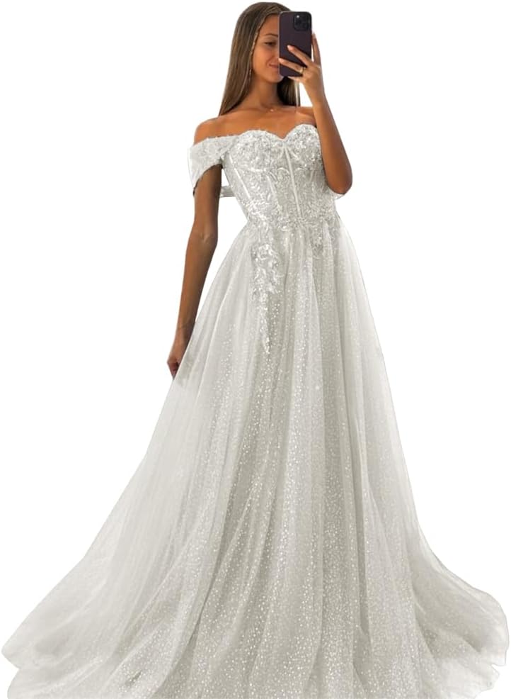 Off The Shoulder Tulle Prom Dresses 2027 Lace Applique A Line Long Sparkly Formal Evening Party Gowns