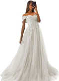 Off The Shoulder Tulle Prom Dresses 2027 Lace Applique A Line Long Sparkly Formal Evening Party Gowns