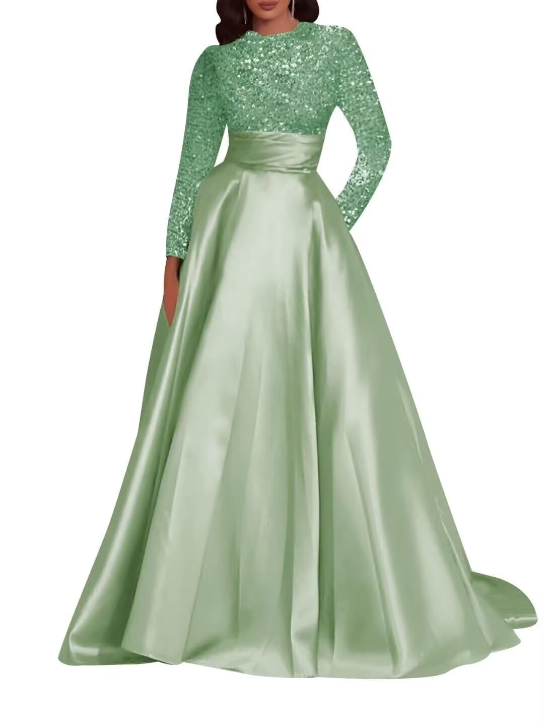 Kingbridal Gowns Long Sleeve Sequin Prom Dresses for Women Satin A-line Formal Dress 2026 Sparkly Evening Party Gowns with Pockets