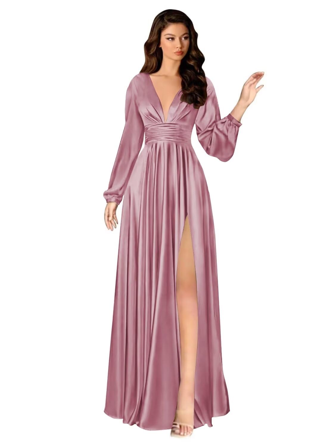 Kingbridal Gowns Long Sleeve Satin Bridesmaid Dresses for Women Long A-Line V-Neck Pleated Formal Evening Party Ball Gown with Slit
