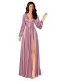 Kingbridal Gowns Long Sleeve Satin Bridesmaid Dresses for Women Long A-Line V-Neck Pleated Formal Evening Party Ball Gown with Slit