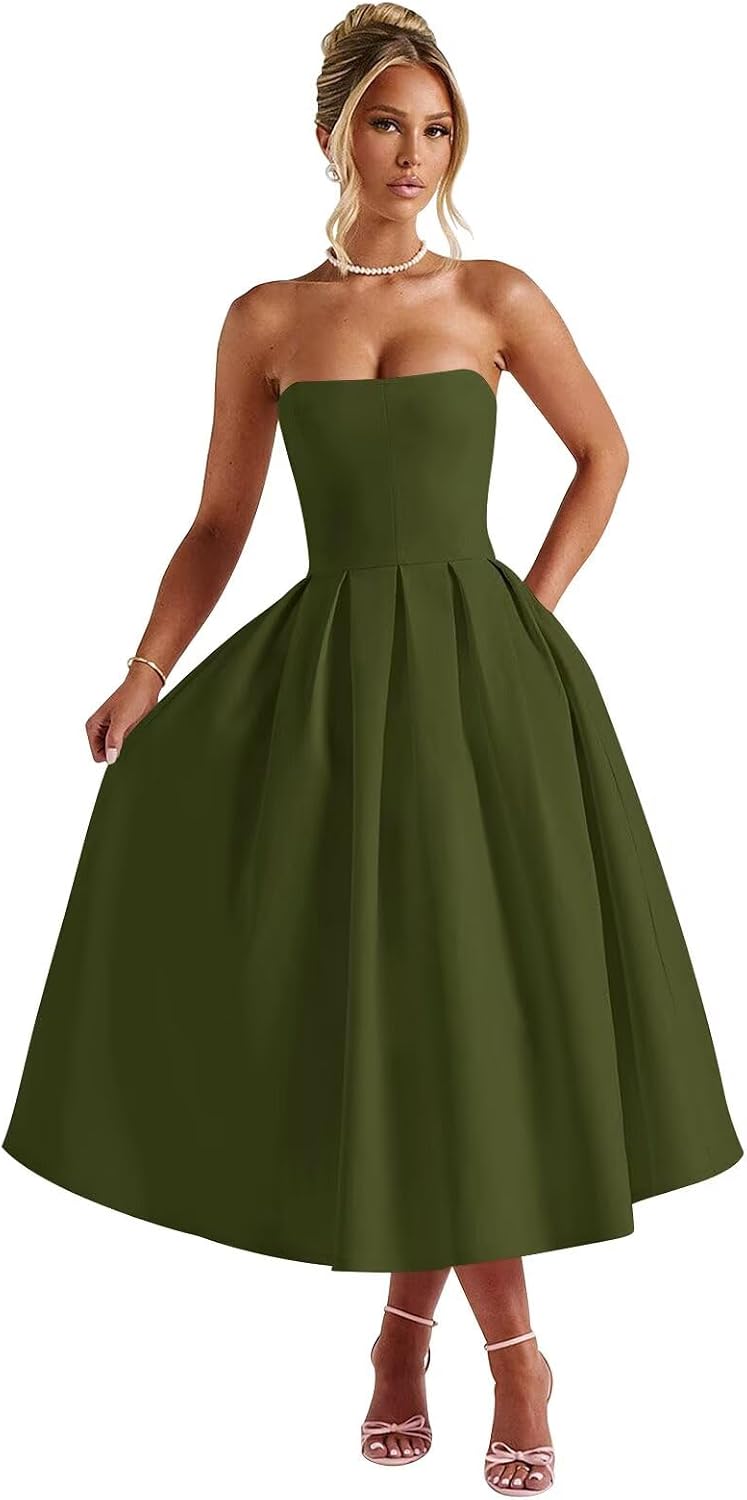 Strapless Satin Tea Length Prom Dresses for Women 2027 A-Line Corset Backless Cocktail Bridesmaid Dress with Pocket
