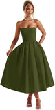 Strapless Satin Tea Length Prom Dresses for Women 2027 A-Line Corset Backless Cocktail Bridesmaid Dress with Pocket