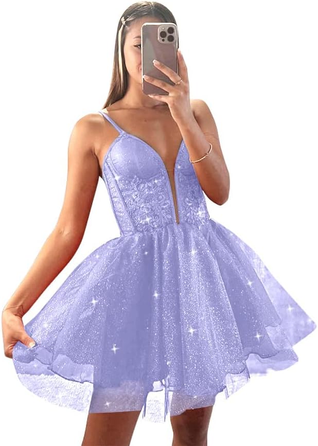 Glitter Tulle Homecoming Dresses for Teens Spaghetti V Neck Short Prom Dresses A Line Mini Cocktail Party Gowns