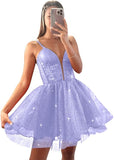 Glitter Tulle Homecoming Dresses for Teens Spaghetti V Neck Short Prom Dresses A Line Mini Cocktail Party Gowns