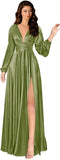 Kingbridal Gowns Long Sleeve Satin Bridesmaid Dresses for Women Long A-Line V-Neck Pleated Formal Evening Party Ball Gown with Slit
