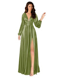 Kingbridal Gowns Long Sleeve Satin Bridesmaid Dresses for Women Long A-Line V-Neck Pleated Formal Evening Party Ball Gown with Slit