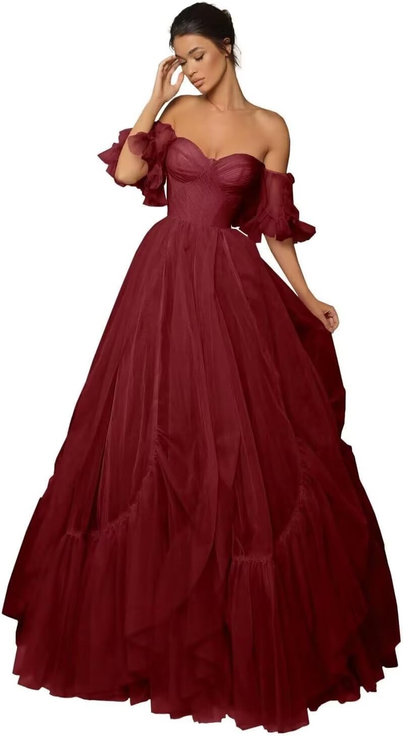 A-line Ruffled Short Sleeve Tulle Prom Dress for Women, Sweetheart Formal Gown Off The Shoulder Long Party Dress