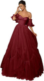A-line Ruffled Short Sleeve Tulle Prom Dress for Women, Sweetheart Formal Gown Off The Shoulder Long Party Dress