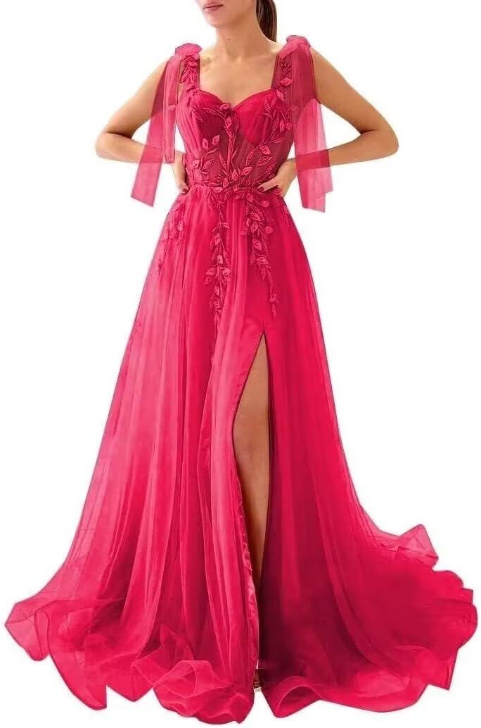 Appliques Tulle Lace Prom Dresses with Slit Spaghetti Straps Formal Evening Dress Sweetheart Ball Gowns