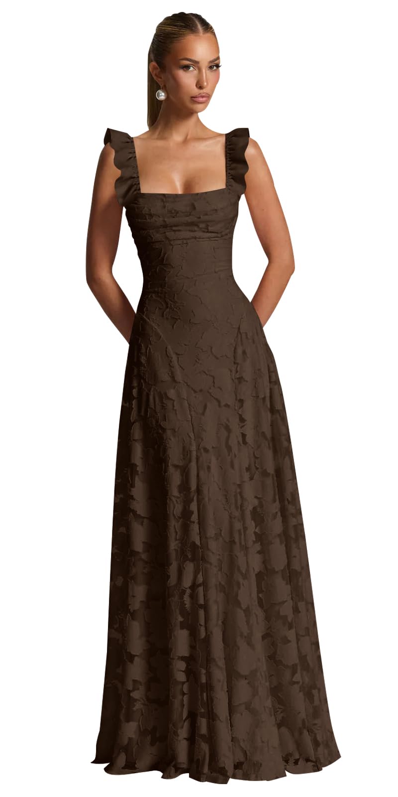 Ruched Jacquard Prom Dresses for Women Teens Ruffle Strap Floral Maxi Formal Dress Evening Gown