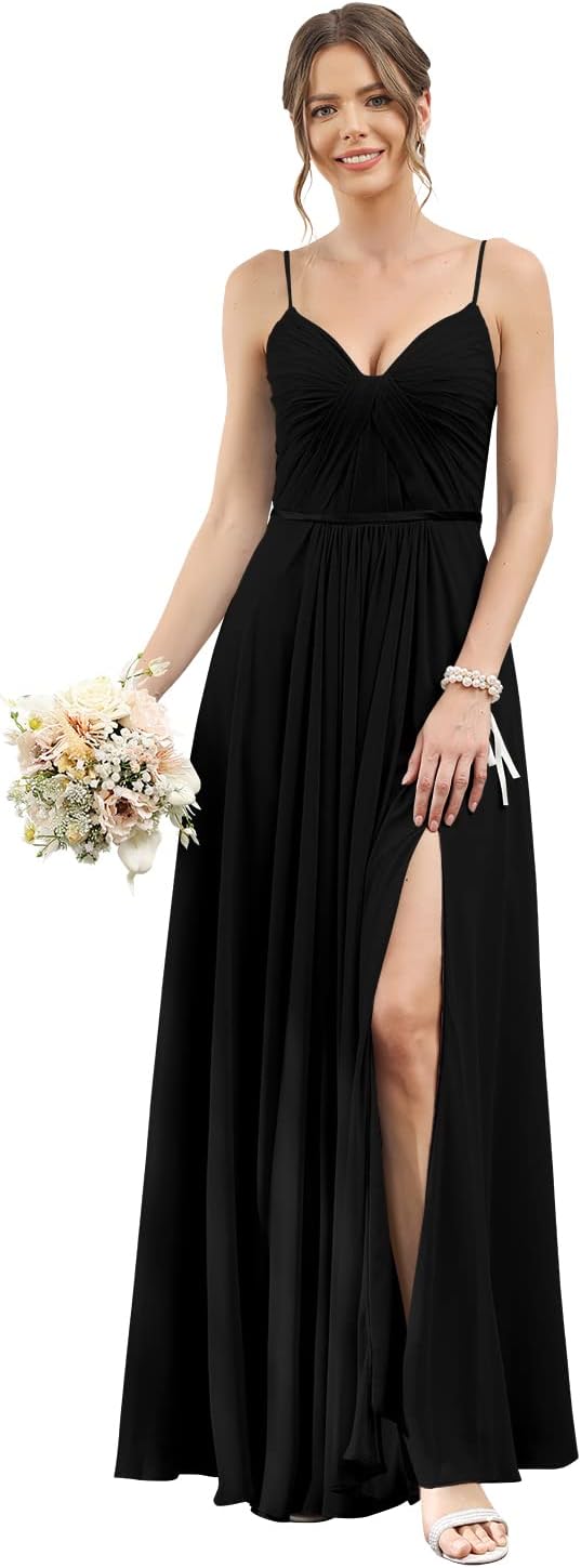 Vestidos de dama de honor largos con tirantes finos y bolsillos, plisados, formales, de noche, con abertura 