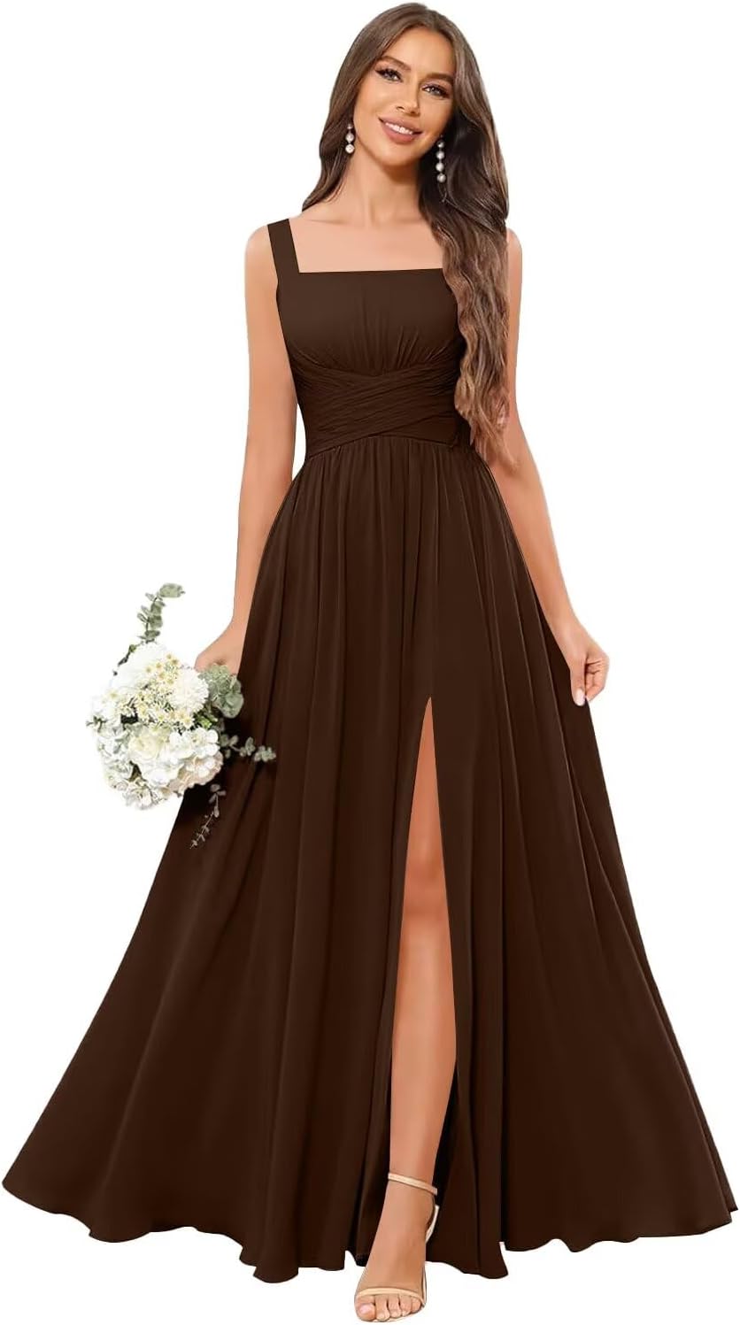 Kingbridal Chiffon A-line Bridesmaid Dresses for Women 2027 Long Square Neck Pleated Formal Evening Party Dress with Slit