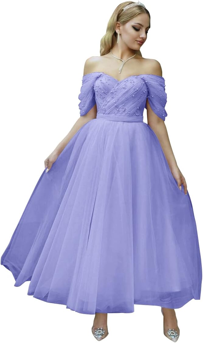 Tulle Tea Length Prom Dresses for Women Off The Shoulder Ball Gowns Teens Sweetheart Beaded Puffy Princess Dress