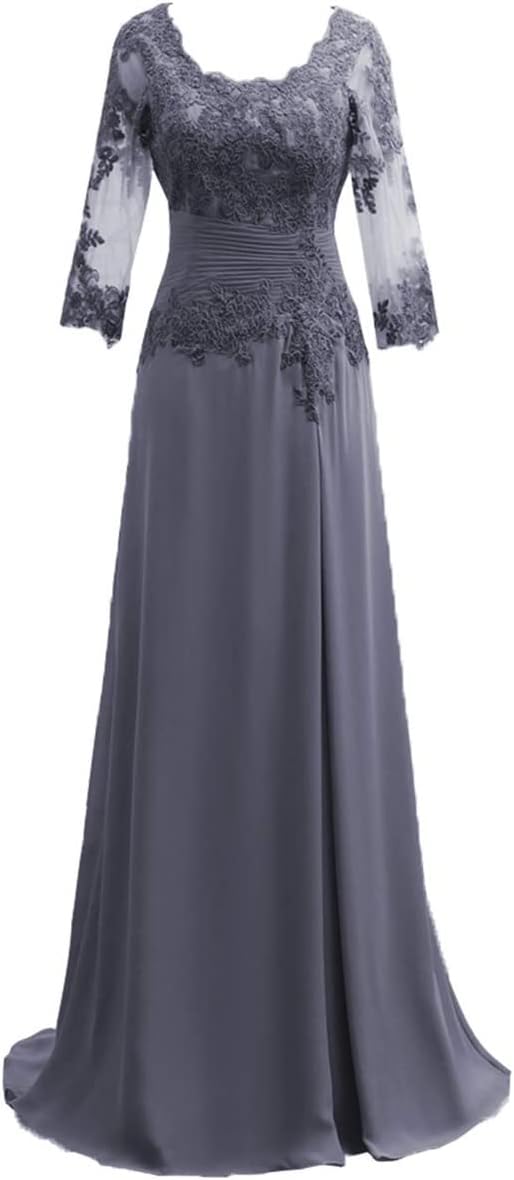 Women's Lace Appliqued Mother of The Bride Dresses 3/4 Sleeves Scoop Long Formal Evening Dress