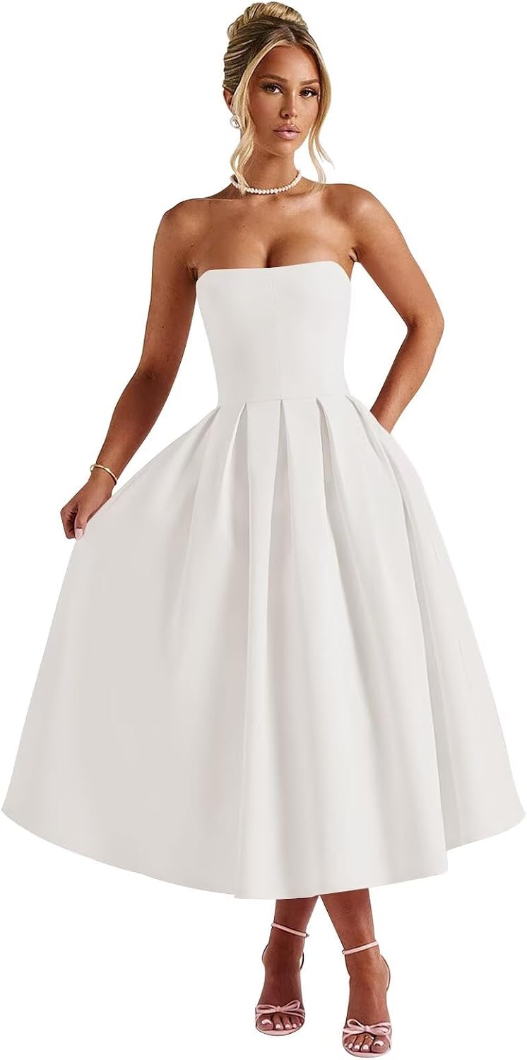 Strapless Satin Tea Length Prom Dresses for Women 2027 A-Line Corset Backless Cocktail Bridesmaid Dress with Pocket