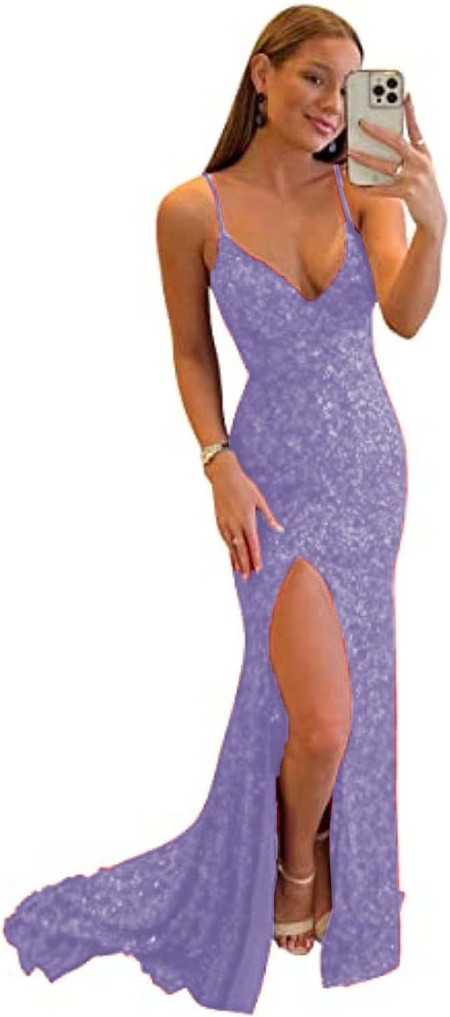 Women's Spaghetti Straps Sequin Prom Dresses Mermaid Sleeveless Double V-Neck Sparkle Evening Dress with Slit