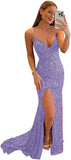 Women's Spaghetti Straps Sequin Prom Dresses Mermaid Sleeveless Double V-Neck Sparkle Evening Dress with Slit