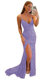 Women's Spaghetti Straps Sequin Prom Dresses Mermaid Sleeveless Double V-Neck Sparkle Evening Dress with Slit