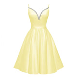Spaghetti Straps Satin Homecoming Dresses for Teens V-Neck Short Prom Dress A-Line Beaded Cocktail Party Gowns