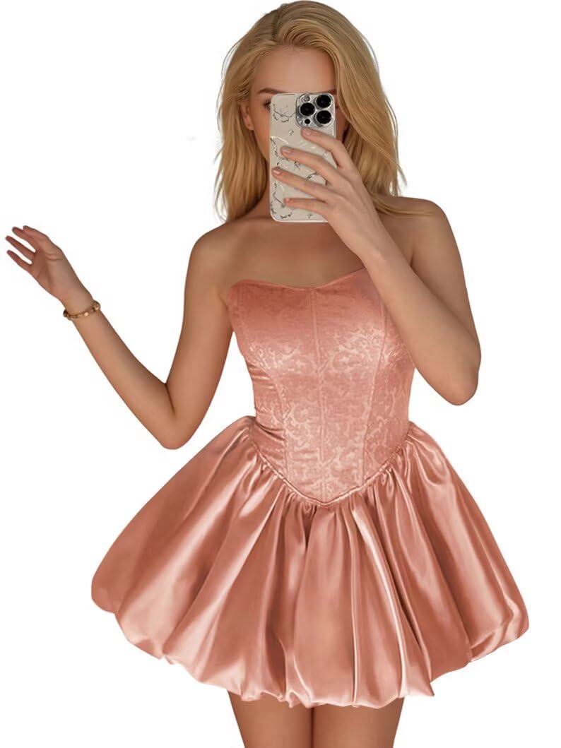 Strapless Satin Homecoming Dresses for Teens Jacquard Short Prom Dress A-line Cocktail Party Gowns with Pockets