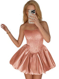 Strapless Satin Homecoming Dresses for Teens Jacquard Short Prom Dress A-line Cocktail Party Gowns with Pockets