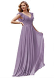 Women's V Neck Ruffle Chiffon Bridesmaid Dresses Long with Pockets Ruched Formal Dresses