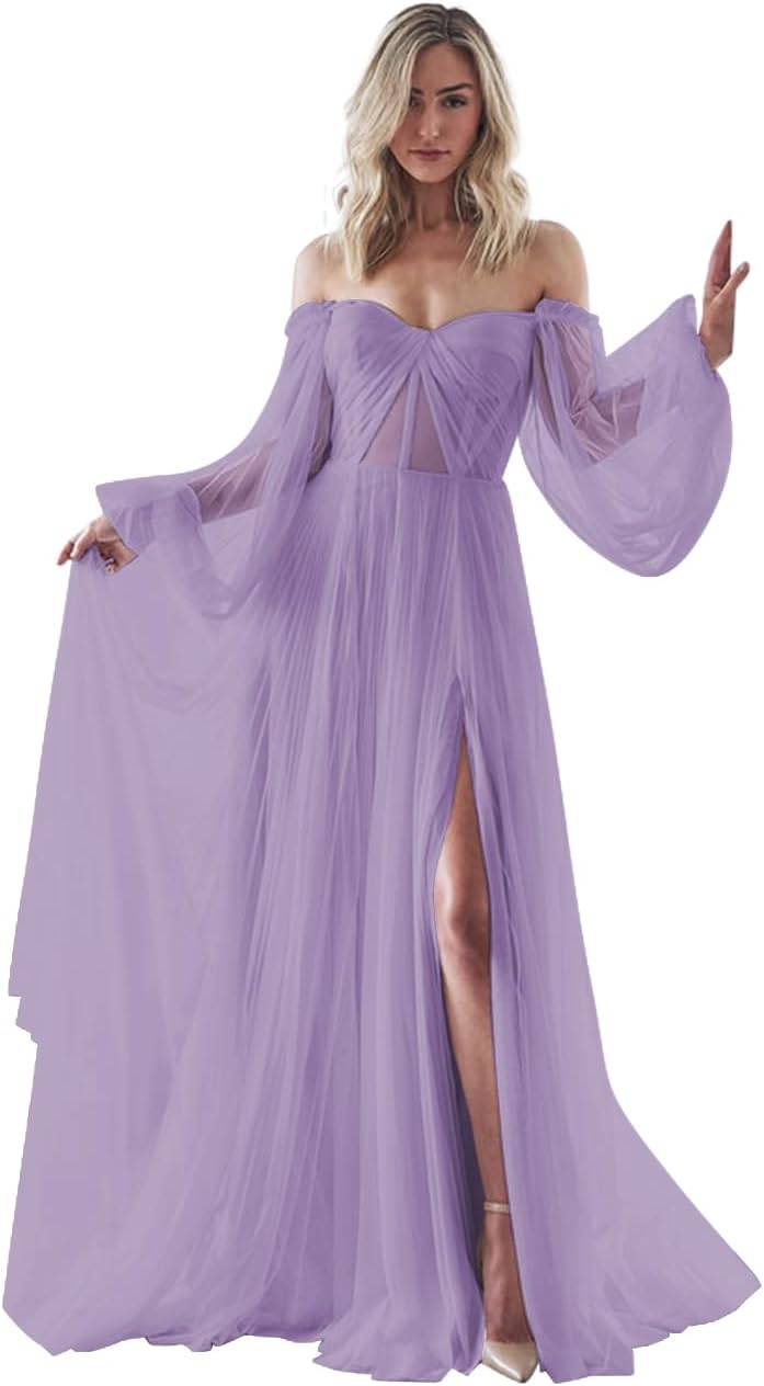 Women's Puffy Long Sleeve Prom Dresses with Slit Off Shoulder Tulle Wedding Formal Evening Gowns