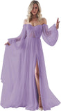 Women's Puffy Long Sleeve Prom Dresses with Slit Off Shoulder Tulle Wedding Formal Evening Gowns