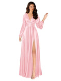 Kingbridal Gowns Long Sleeve Satin Bridesmaid Dresses for Women Long A-Line V-Neck Pleated Formal Evening Party Ball Gown with Slit