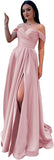 Schulterfreies Satin-Ballkleid, herzförmiger Ausschnitt, formelles Kleid, A-Linie, Abendkleid mit Schlitz 
